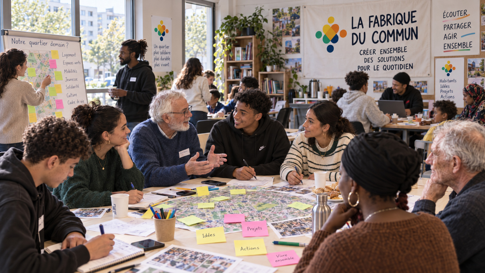 Habitants et acteurs locaux réunis autour d'une table de travail collective